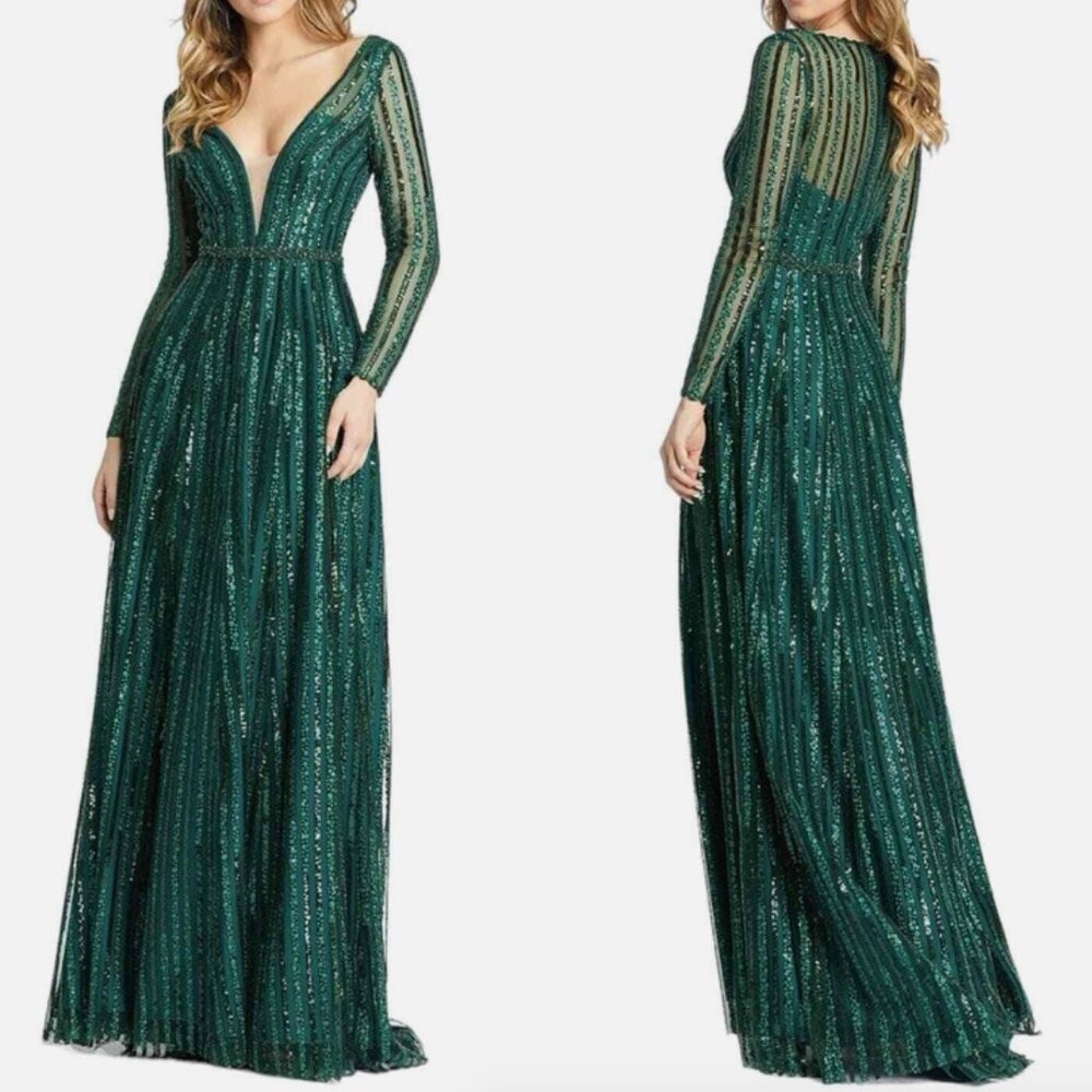 MAC DUGGAL 11184 PLUNGING STRIPED SEQUIN LONG SLEEVE EMERALD GREEN GOWN sz 18